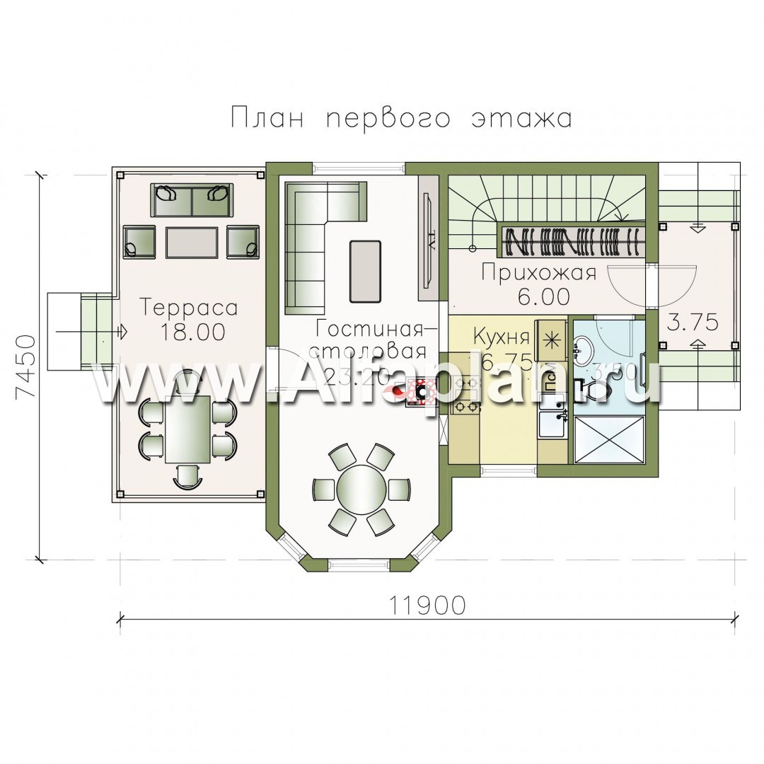 Проекты домов Альфаплан - Компактный дачный дом с террасой - план проекта №1