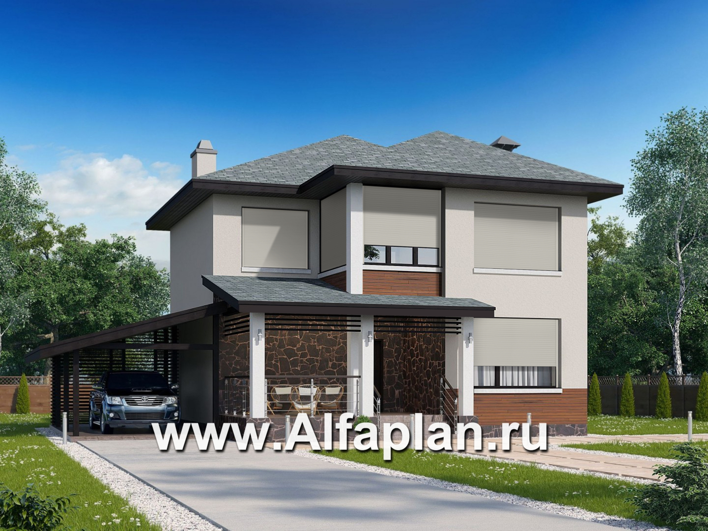 Проекты домов Альфаплан - «Траектория» - современный, компактный дом с гаражом-навесом - основное изображение