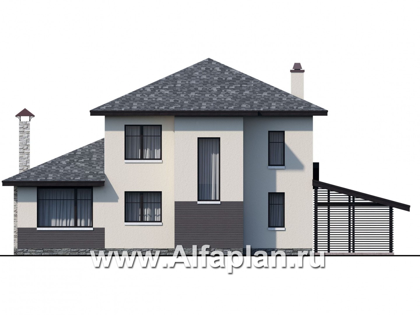 Проекты домов Альфаплан - "Одер" - стильный двухэтажный коттедж из газобетона с гаражом-навесом - изображение фасада №4