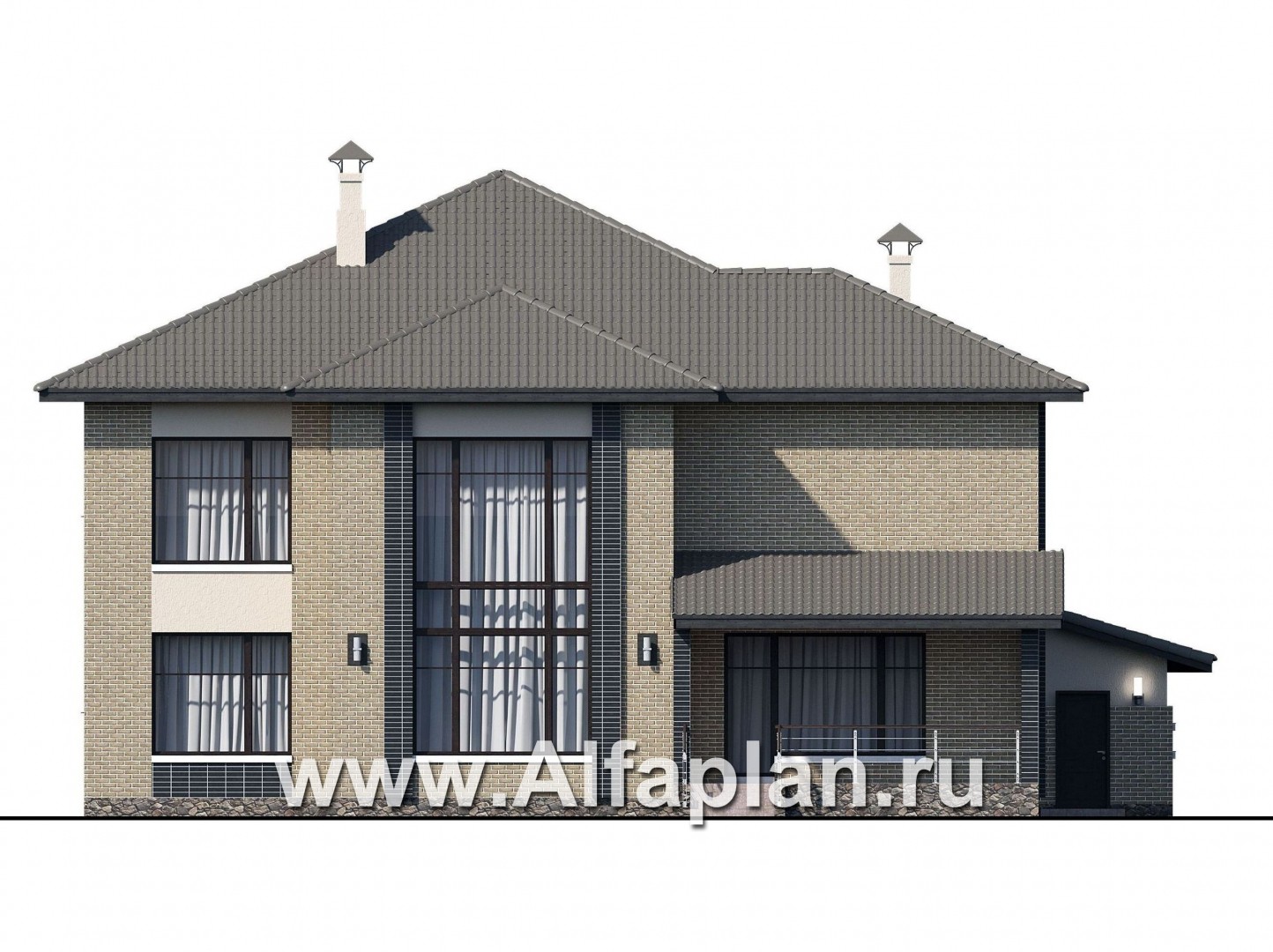 Проекты домов Альфаплан - «Неман» - загородная вилла с двусветной гостиной и большим гаражом - изображение фасада №4