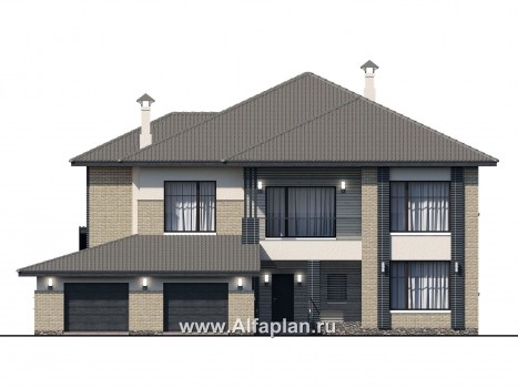 Проекты домов Альфаплан - «Неман» - загородная вилла с двусветной гостиной и большим гаражом - превью фасада №1