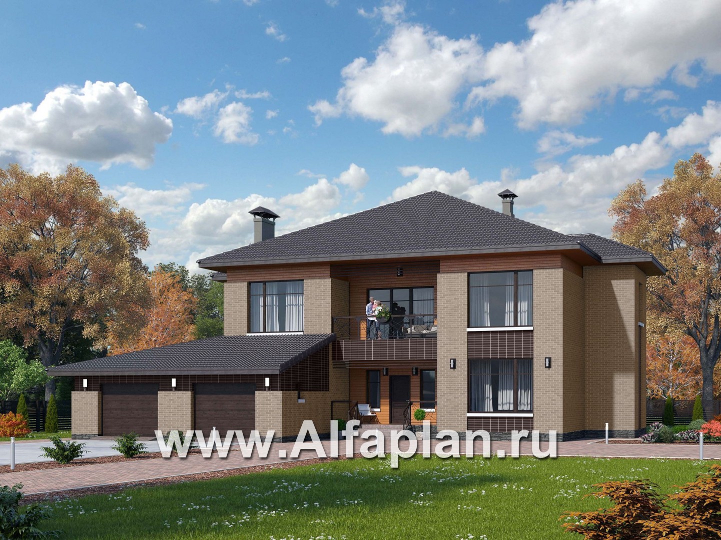 Проекты домов Альфаплан - «Дунай»   — вилла с двусветной гостиной и большим гаражом - основное изображение