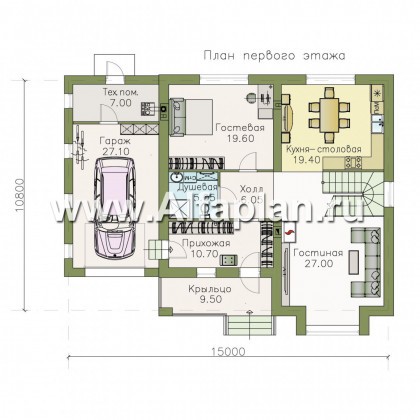 «Вереск» - проект двухэтажного дома, с эркером, 4 спальни площадью 19,5м2 каждая, с гаражом - превью план дома