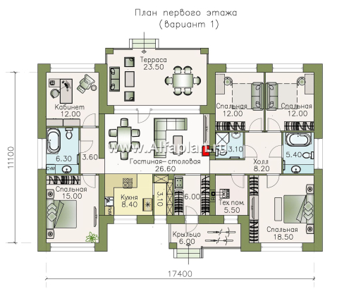 Проекты домов Альфаплан - «Ангара» - проект просторного одноэтажного дома, 5 спален - превью плана проекта №1