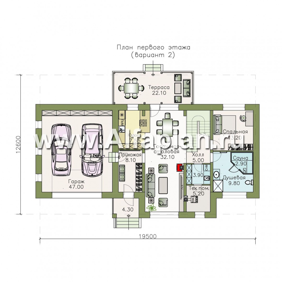 Проекты домов Альфаплан - «Кассиопея» - мансардный коттедж с гаражом на 2 автомобиля - план проекта №2