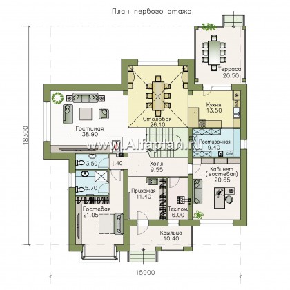 «Висла» — проект двухэтажного дома, особняк с двусветной столовой, с террасой - превью план дома