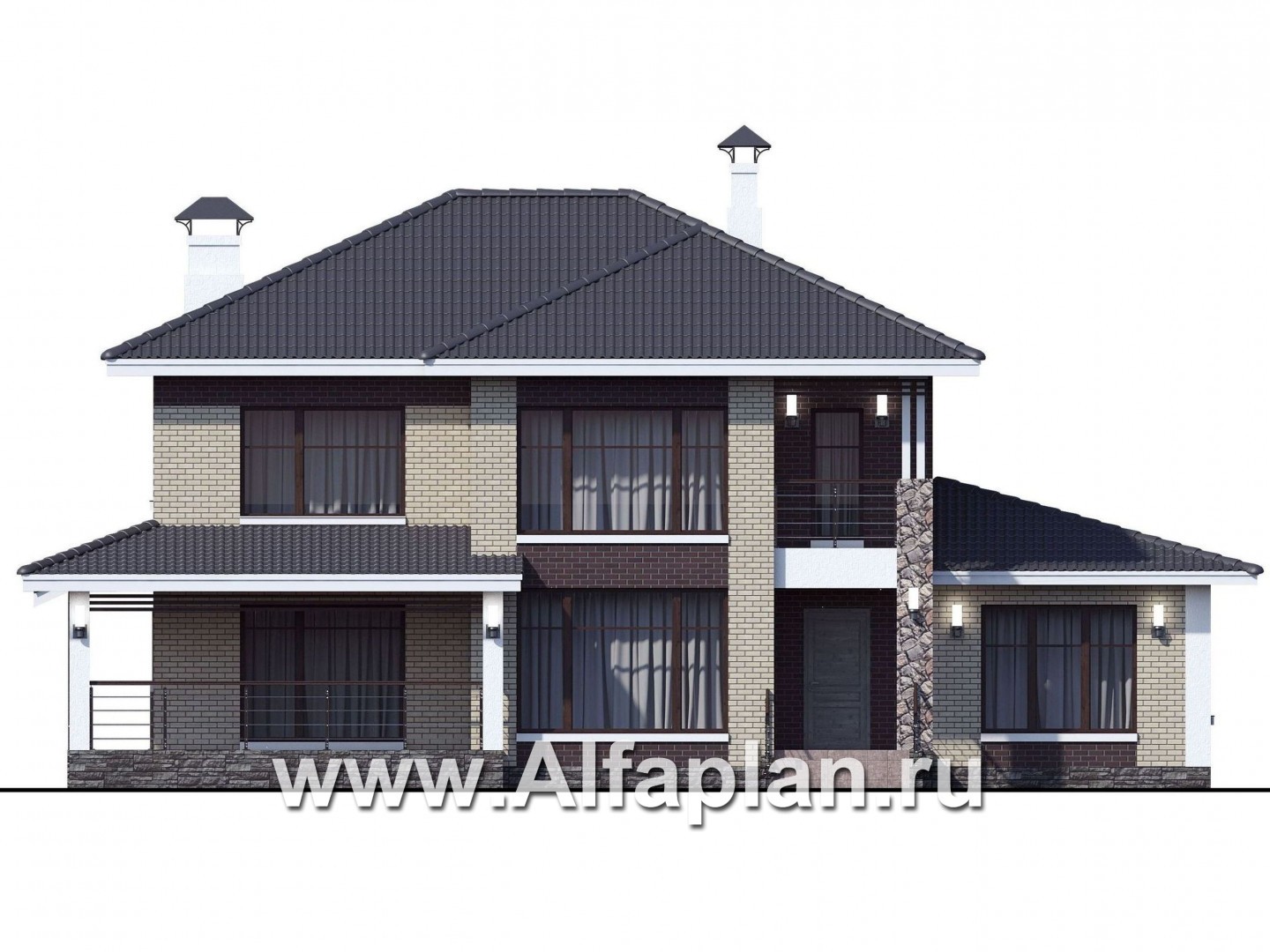 Проекты домов Альфаплан - «Саар»- проект двухэтажного дома, с террасой, с гостевой на 1 этаже, в стиле Райта, с сауной в пристройке - изображение фасада №1