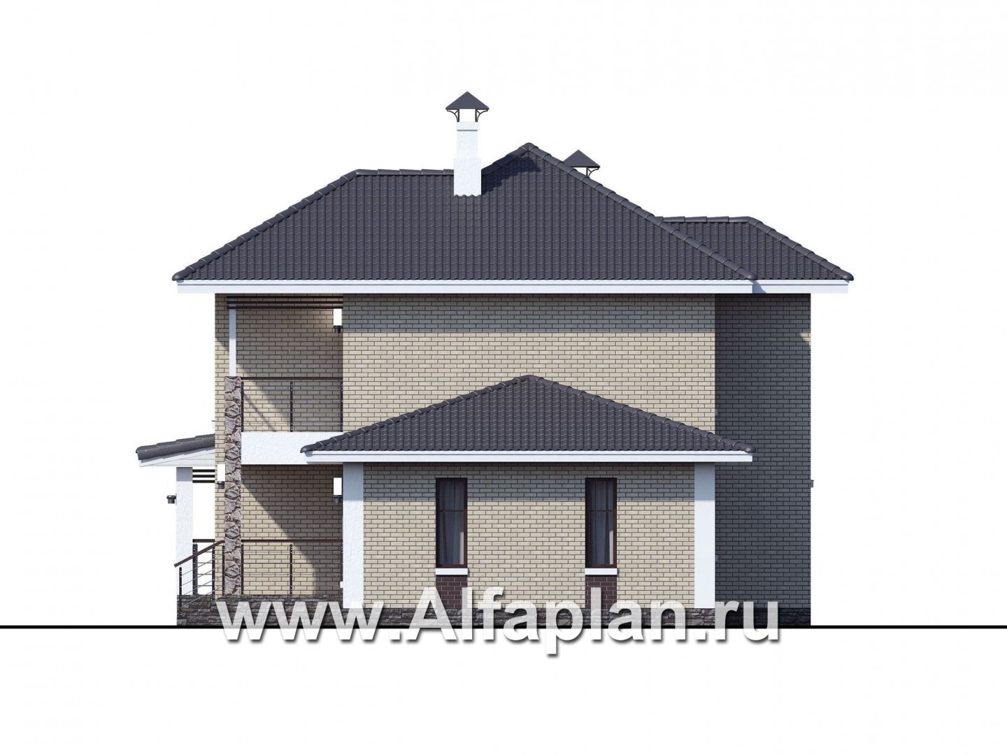 Проекты домов Альфаплан - «Саар»- проект двухэтажного дома, с террасой, с гостевой на 1 этаже, в стиле Райта, с сауной в пристройке - изображение фасада №2