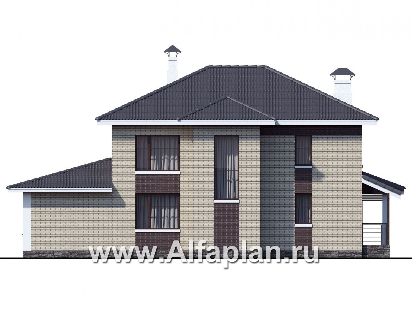 Проекты домов Альфаплан - «Саар»- проект двухэтажного дома, с террасой, с гостевой на 1 этаже, в стиле Райта, с сауной в пристройке - изображение фасада №4