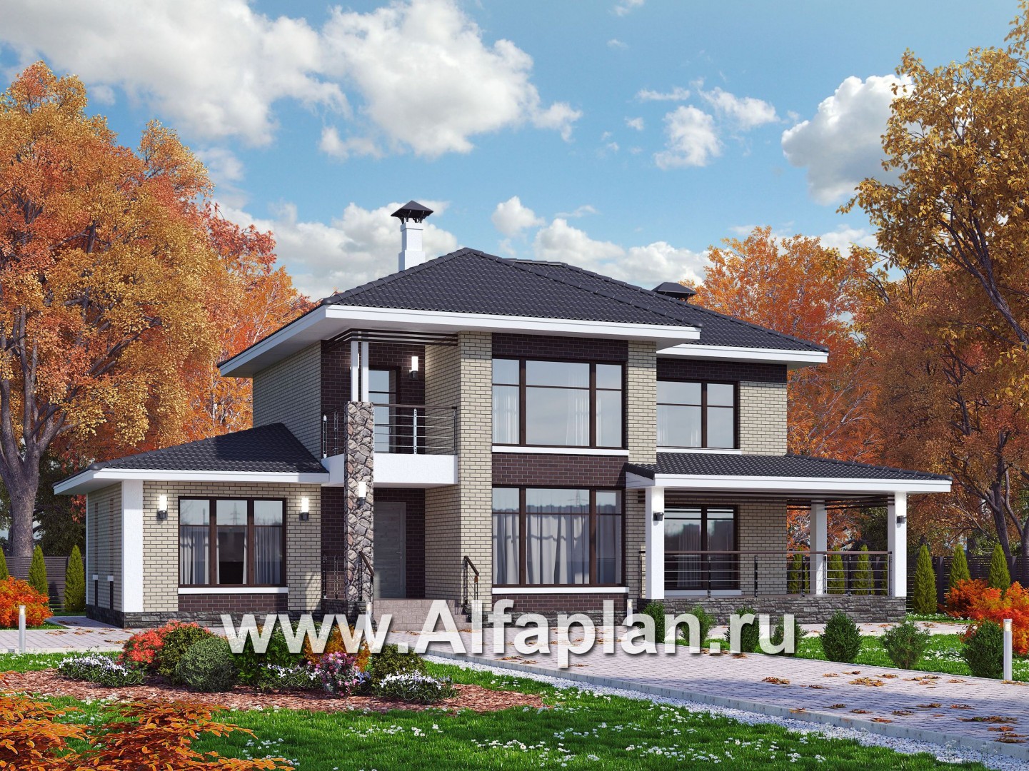 Проекты домов Альфаплан - «Саар» - современный двухэтажный дом с террасой и сауной - основное изображение