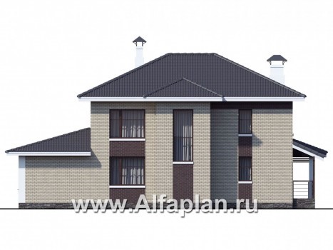 Проекты домов Альфаплан - «Саар»- проект двухэтажного дома, с террасой, с гостевой на 1 этаже, в стиле Райта, с сауной в пристройке - превью фасада №4