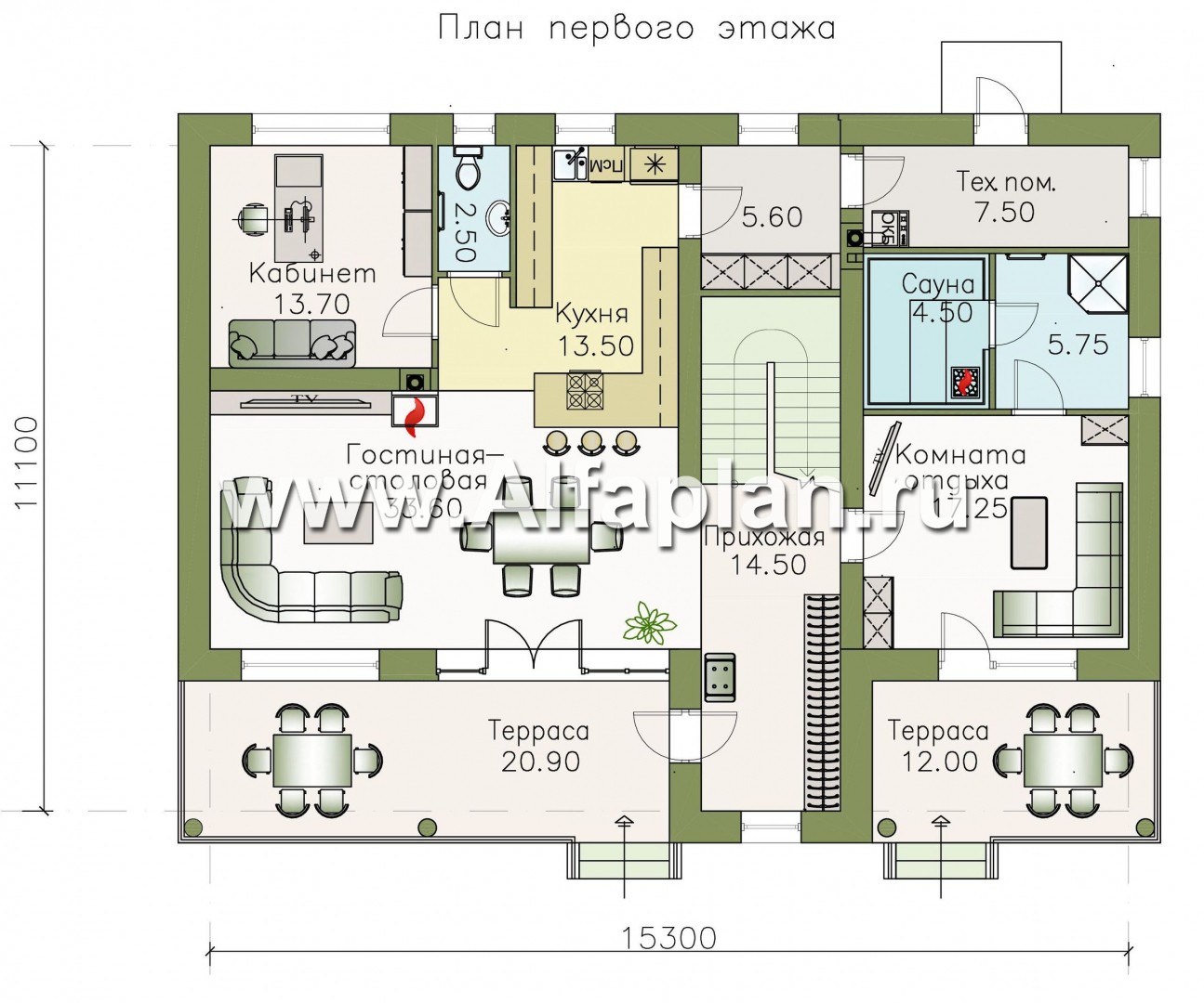 Проекты домов Альфаплан - «Сезанн» - современный стильный коттедж с односкатной кровлей - план проекта №1