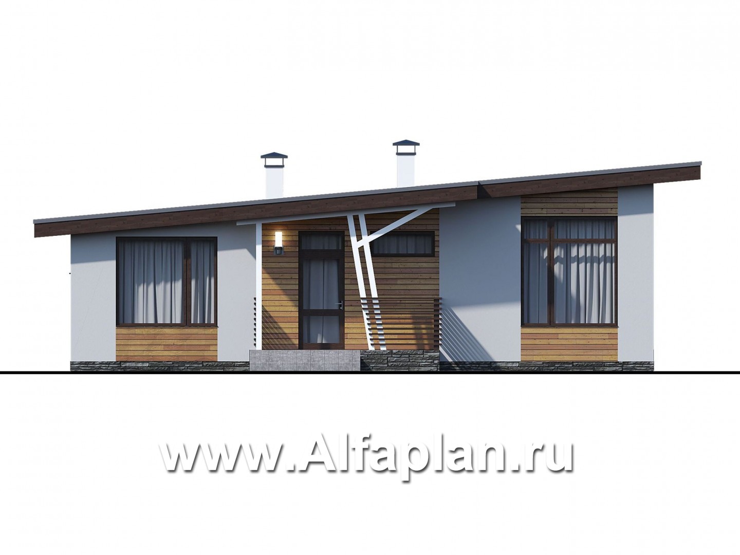 Проекты домов Альфаплан - «Вита» -проект одноэтажного каркасного дома с террасой, в скандинавском стиле - изображение фасада №1