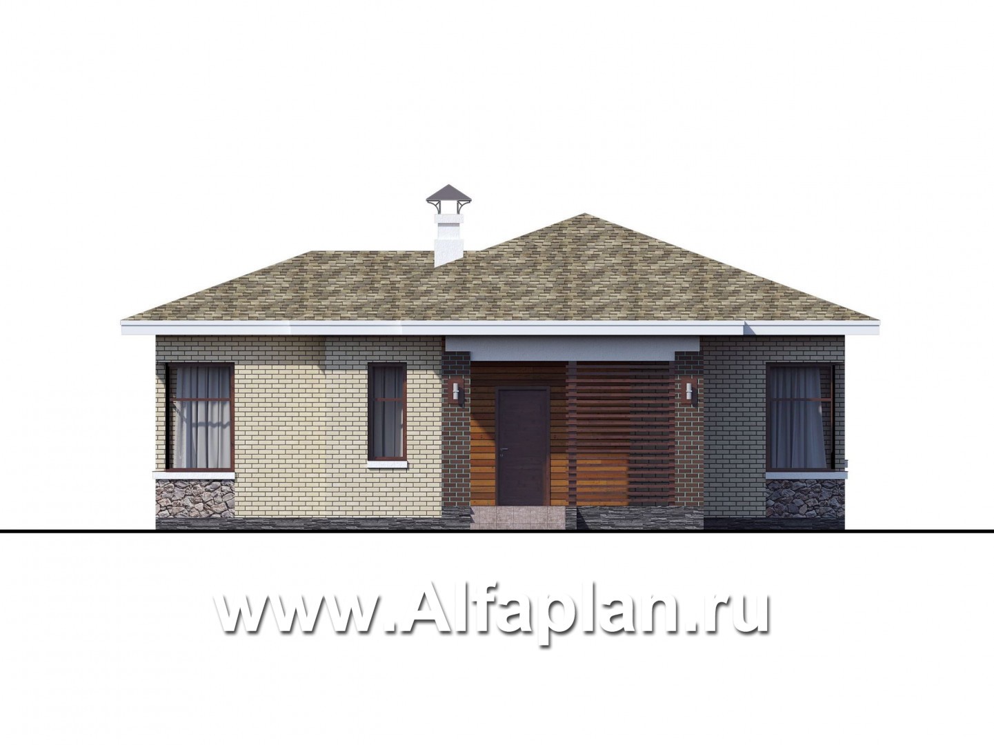 Проекты домов Альфаплан - "Медиана" - проект одноэтажного дома из кирпича, с угловыми окнами - изображение фасада №1