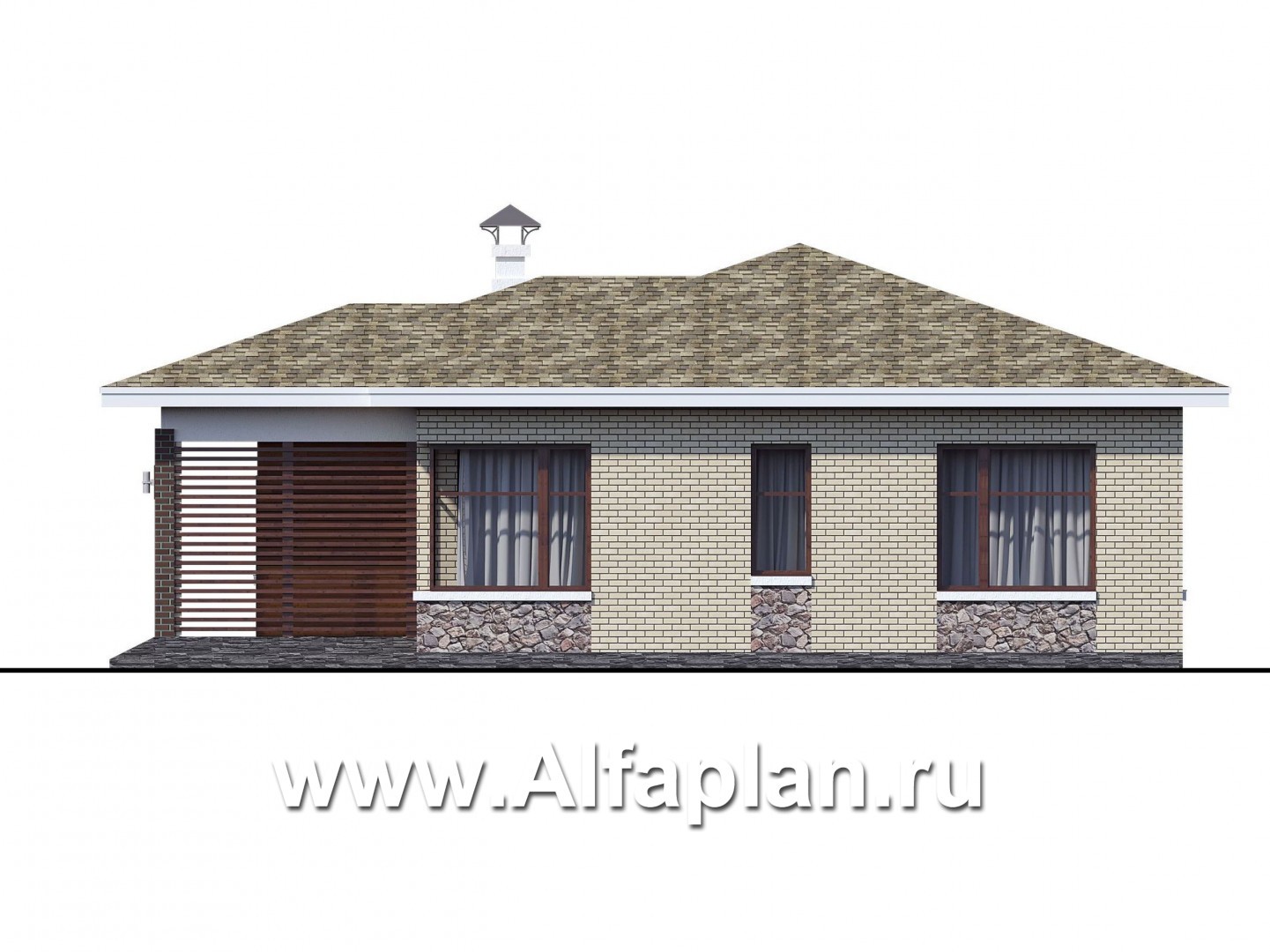 Проекты домов Альфаплан - "Медиана" - проект одноэтажного дома из кирпича, с угловыми окнами - изображение фасада №2