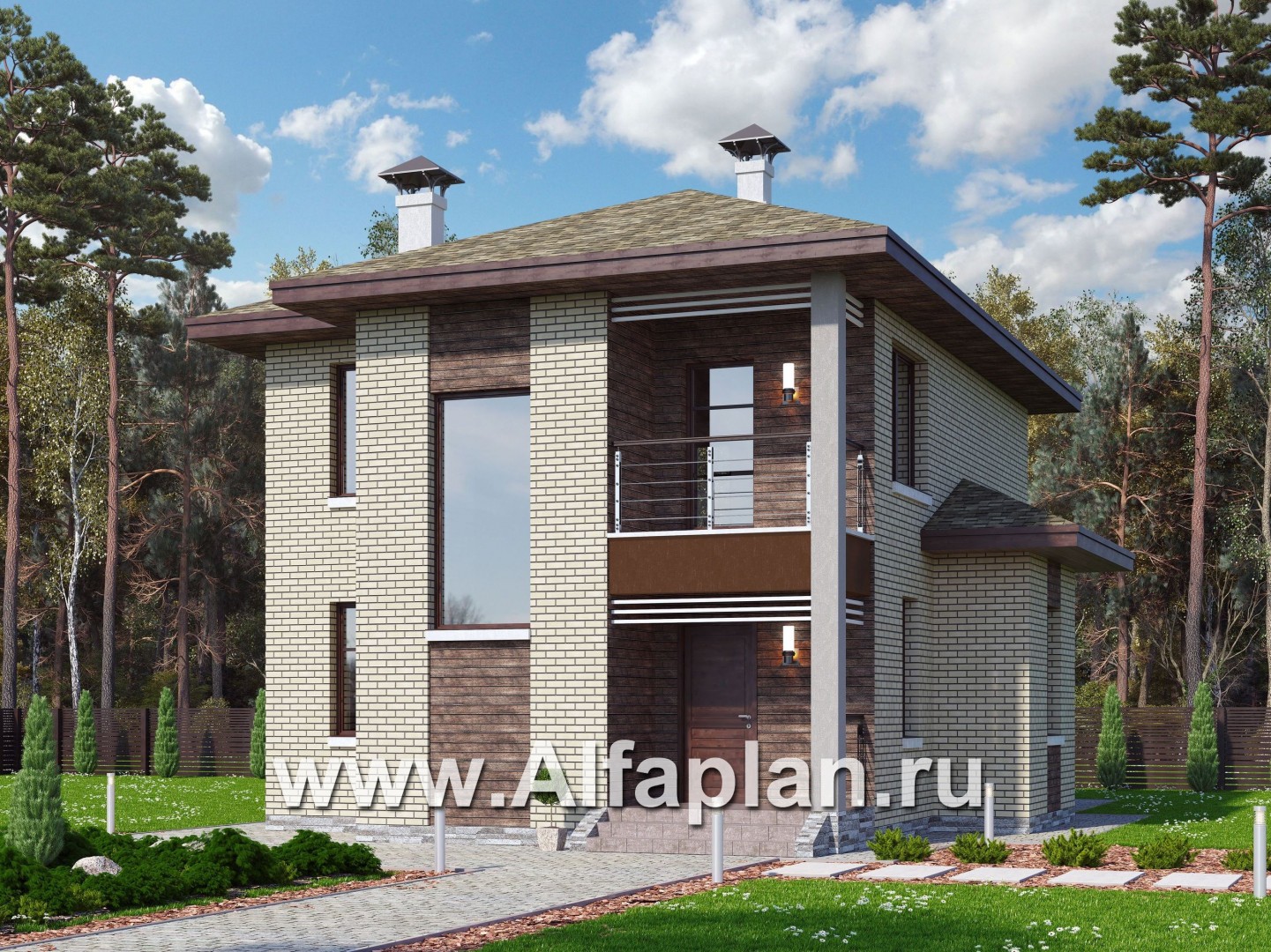 Проекты домов Альфаплан - "Рациональ" - проект двухэтажного дома из кирпича, с балконом - основное изображение