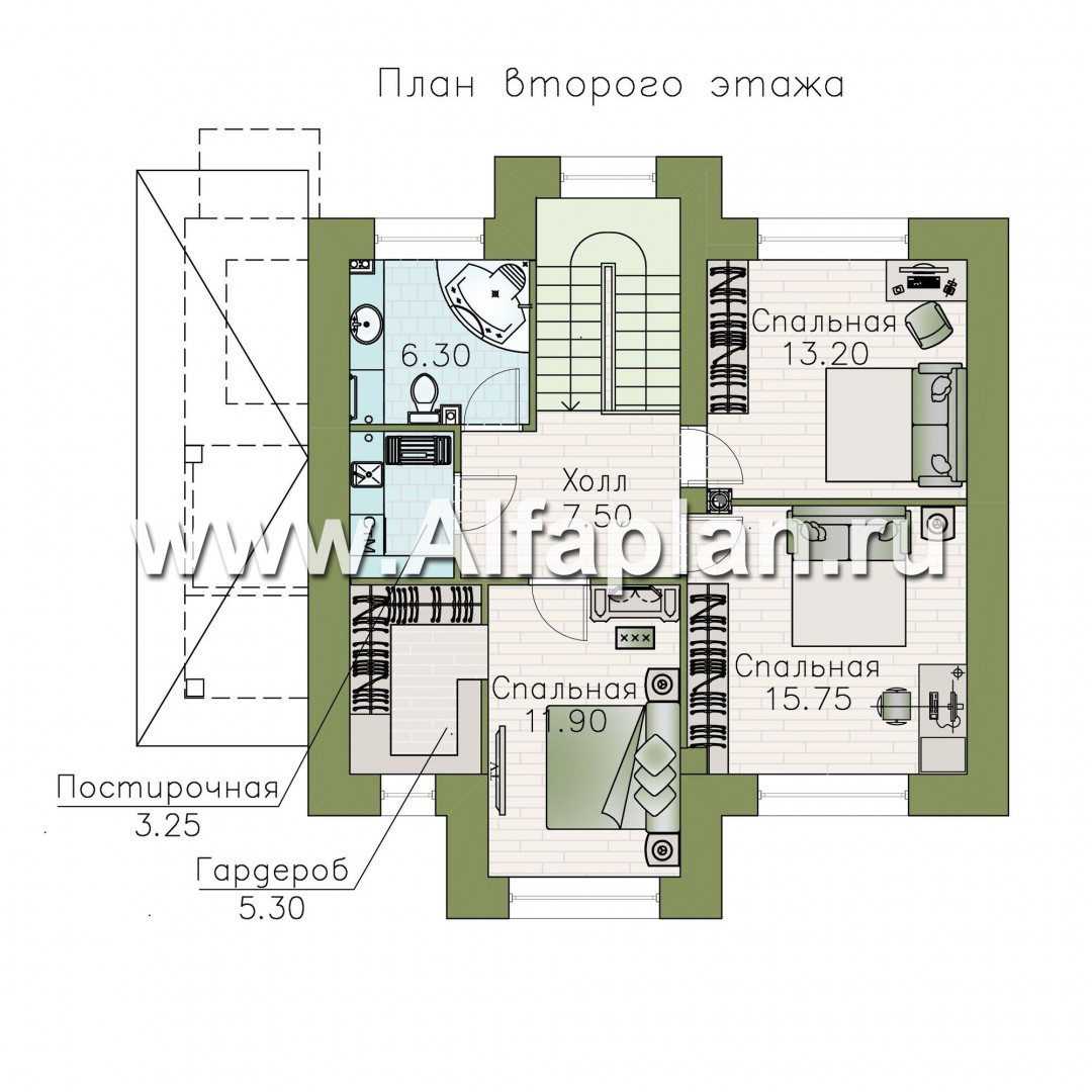 Проекты домов Альфаплан - "Реверс" - проект двухэтажного дома, с четырьмя спальными комнатами - изображение плана проекта №2