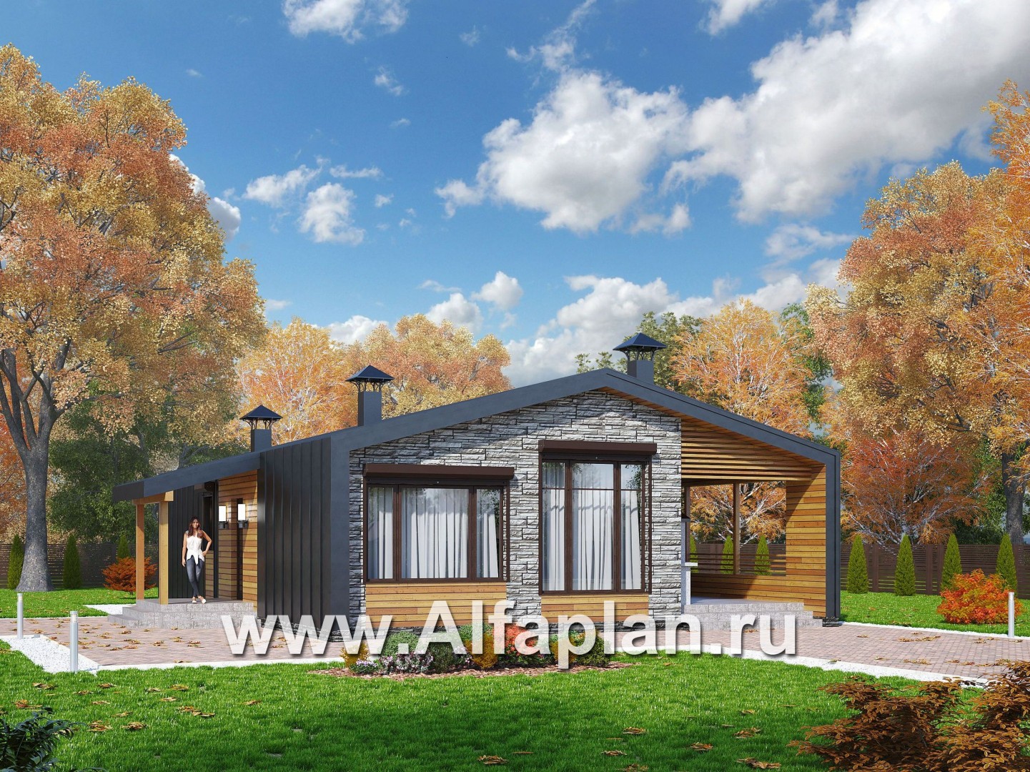 Проекты домов Альфаплан - «Йота» - каркасный дом с сауной - основное изображение