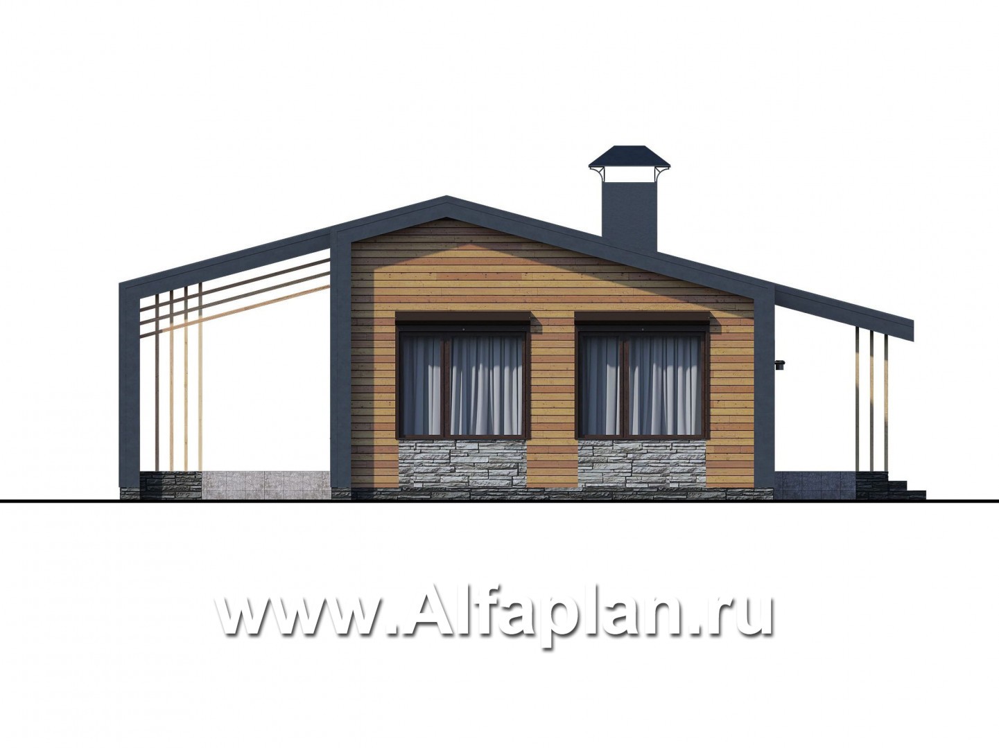 Проекты домов Альфаплан - «Каппа» -  проект одноэтажного дома, с террасой, в стиле барн, 2 спальни - изображение фасада №4