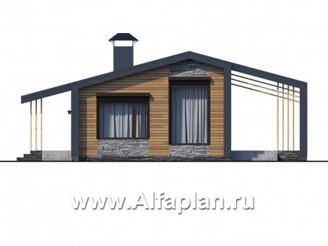 Проекты домов Альфаплан - «Каппа» -  проект одноэтажного дома, с террасой, в стиле барн, 2 спальни - превью фасада №1