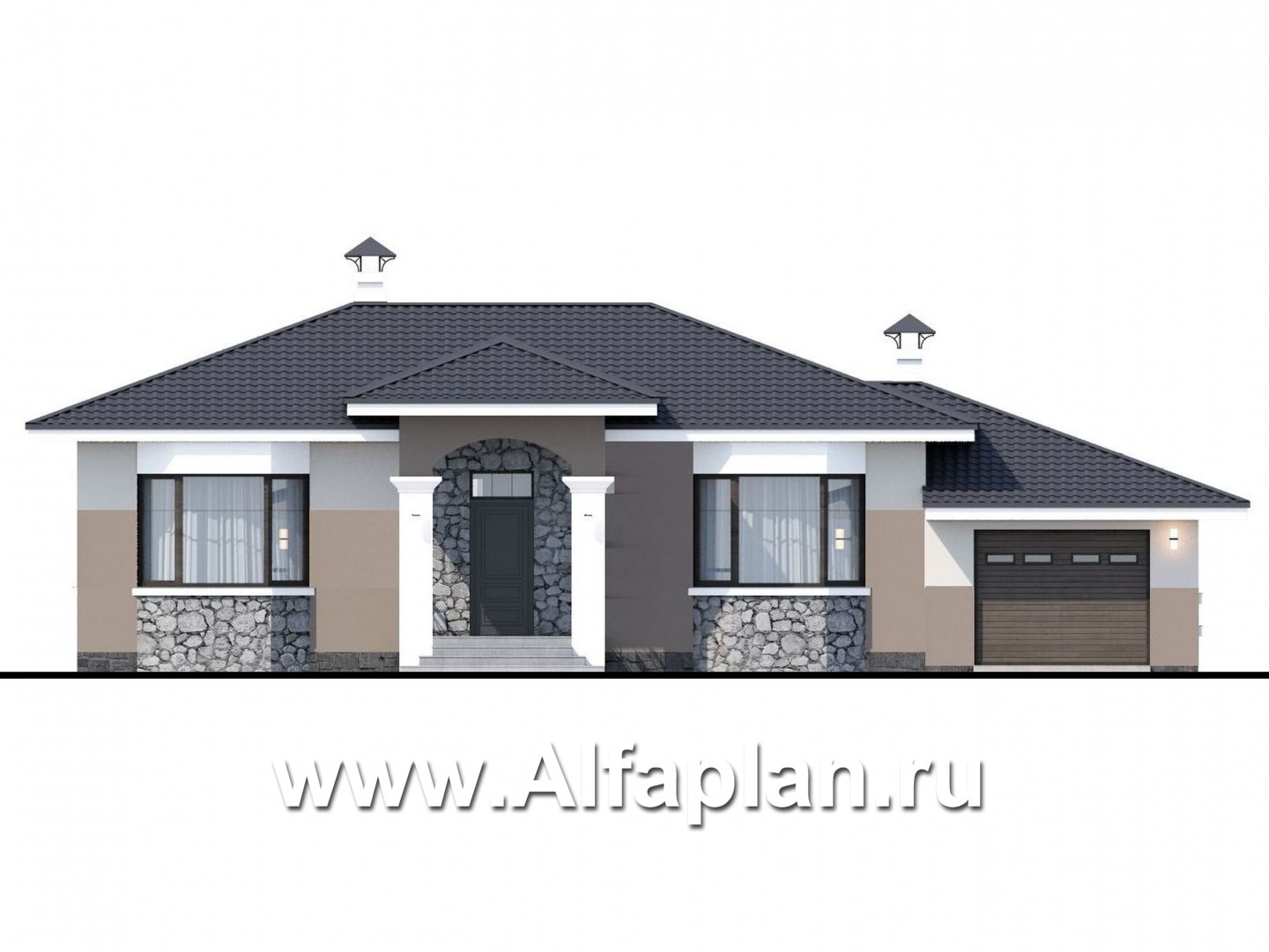 Проекты домов Альфаплан - "Новый свет" - проект одноэтажного дома с гаражом для небольшой семьи - изображение фасада №1