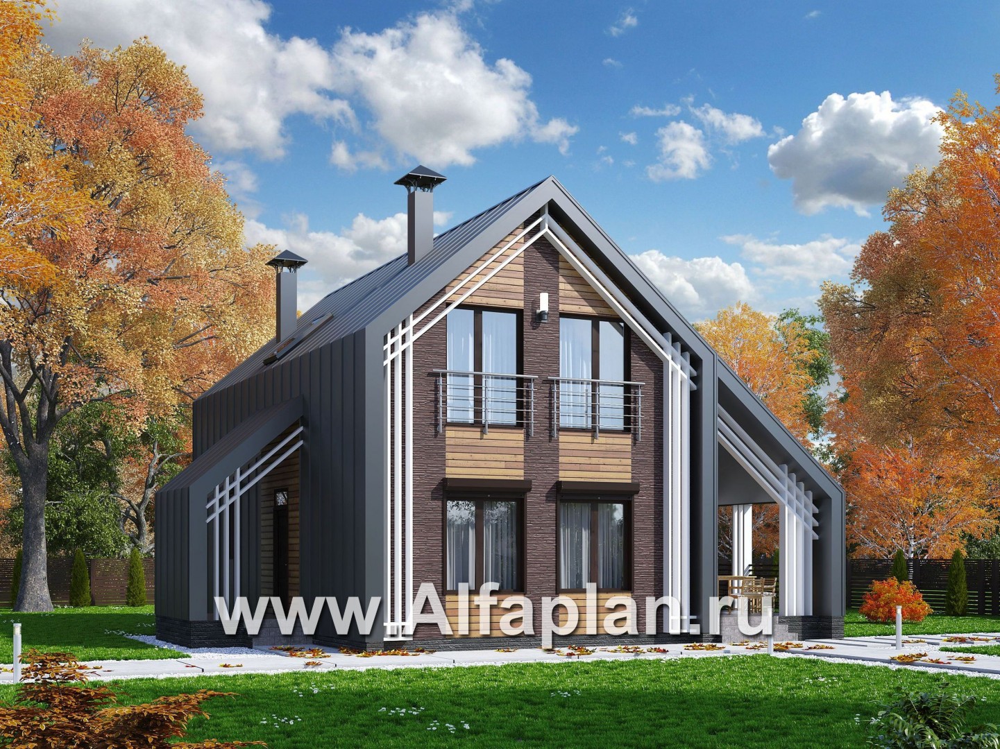 Проекты домов Альфаплан - «Тау» - проект двухэтажного каркасного дома, с террасой, в современном стиле барн - основное изображение