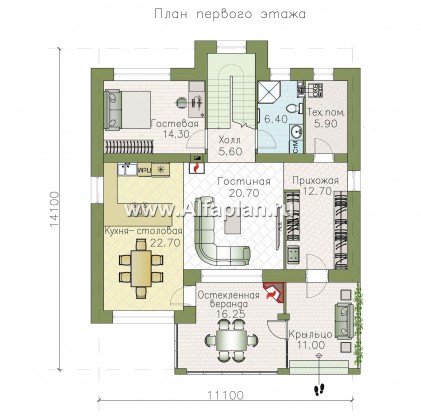 Проекты домов Альфаплан - «Маяк» - уютный дом с остекленной террасой - превью плана проекта №1