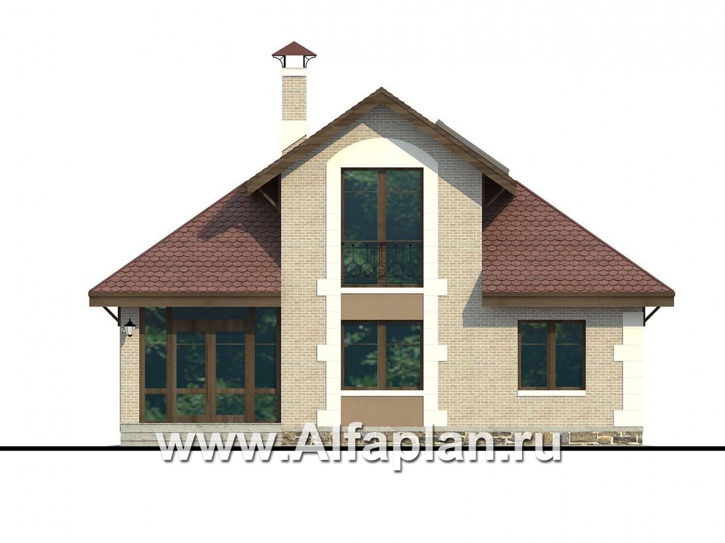 Проекты домов Альфаплан - «Замечательный сосед» - проект дома с мансардой, с остекленной террасой - изображение фасада №1