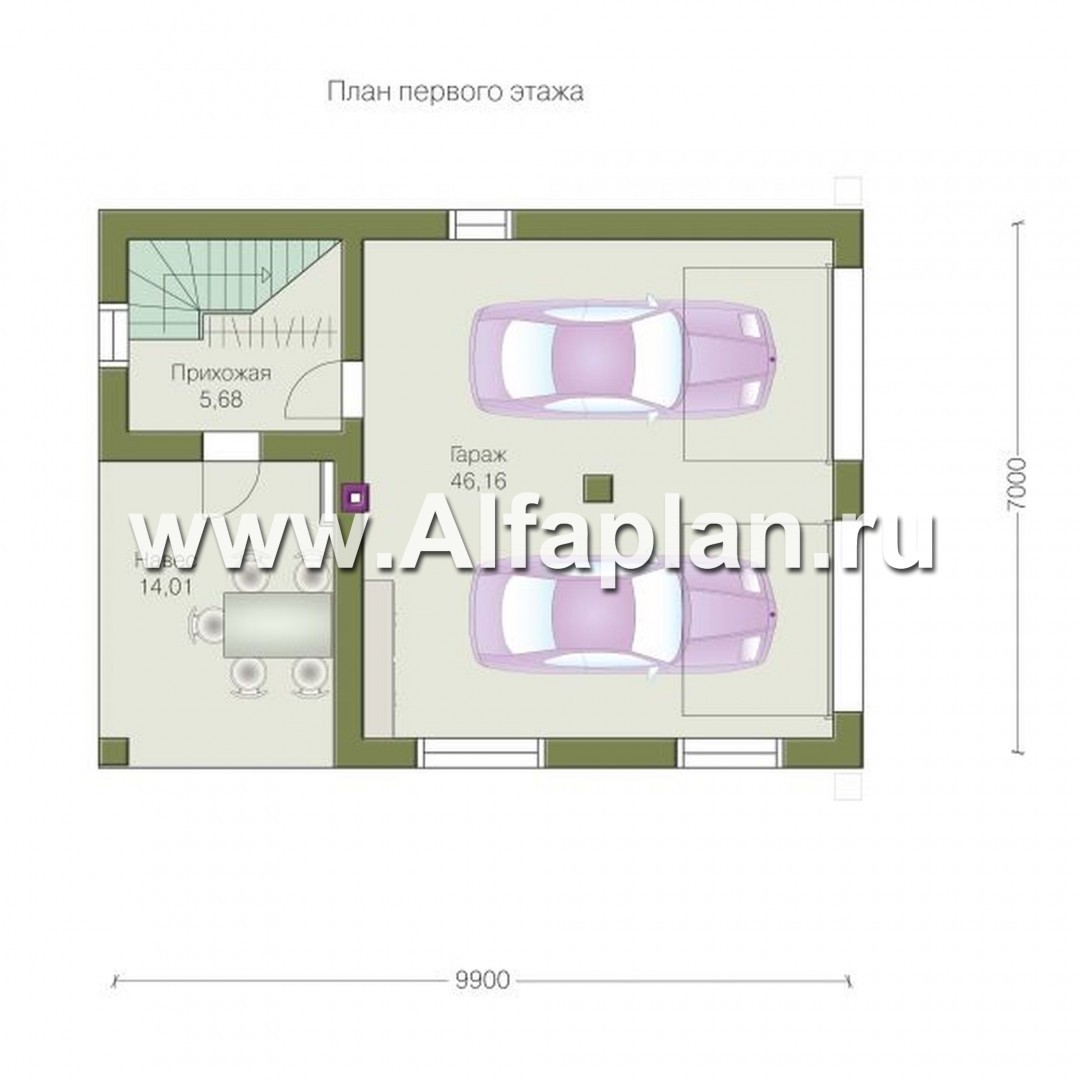 Проекты домов Альфаплан - Проект гаража на 2 авто, планировка со студией в мансарде - план проекта №1