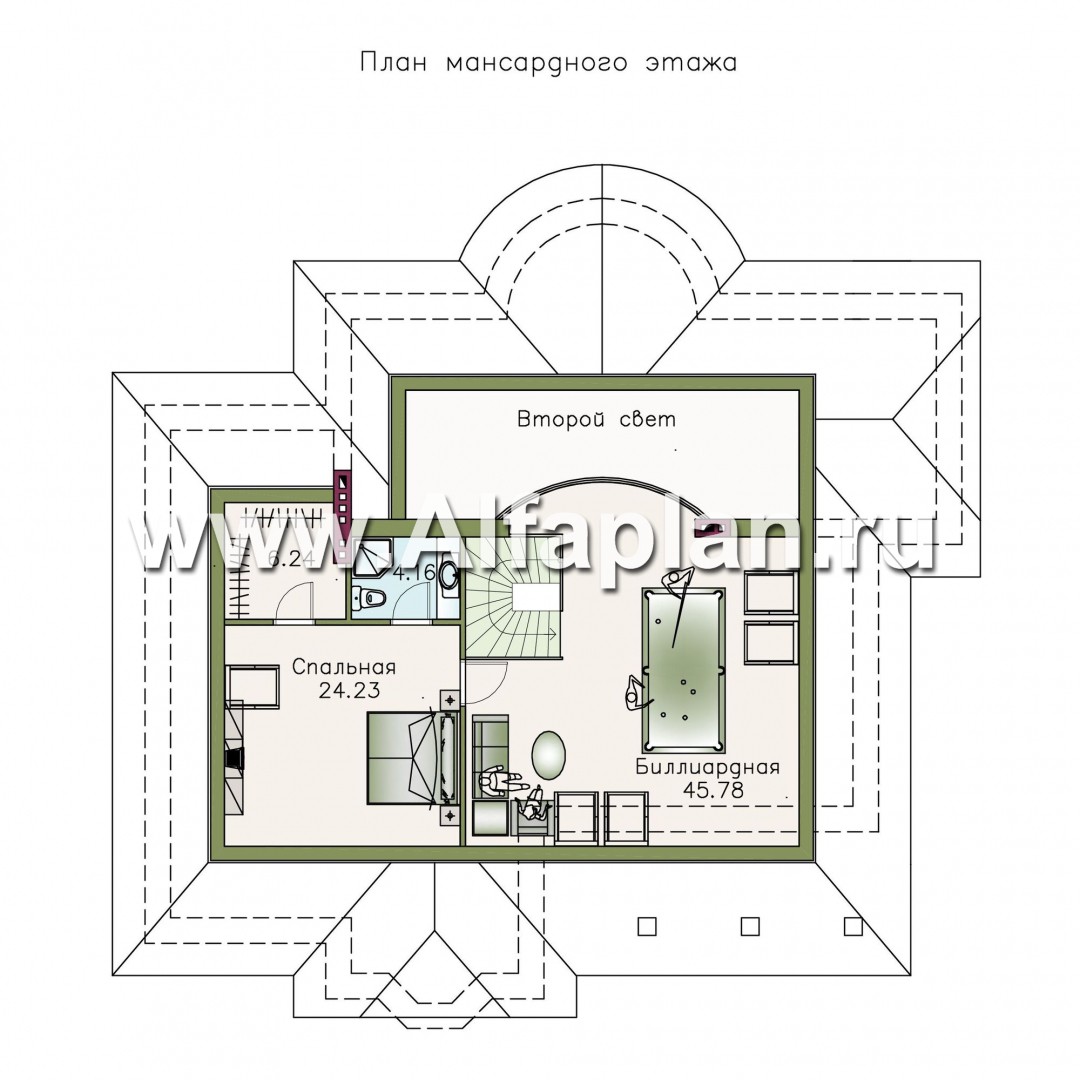 «Линия судьбы» - проект одноэтажного дома с мансардой, из кирпича, с эркером и с бильярдной - план дома