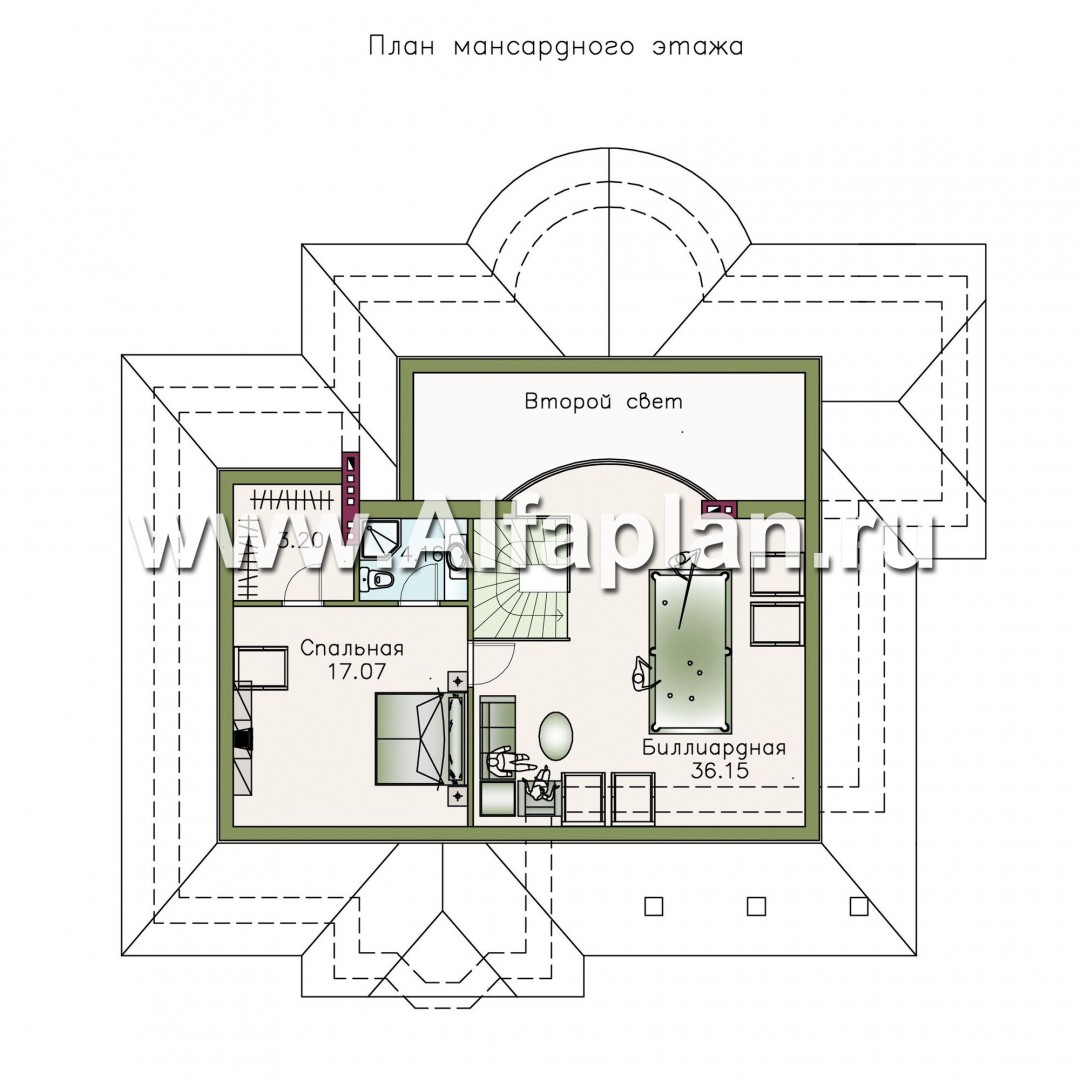 «Линия судьбы» - проект одноэтажного дома с мансардой, из кирпича, с эркером и с бильярдной - план дома