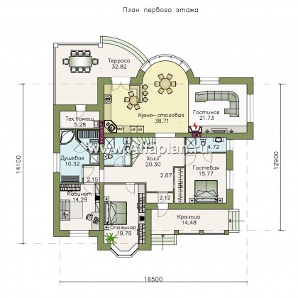 Проекты домов Альфаплан - «Линия судьбы» - одноэтажный дом с бильярдной в мансарде - превью плана проекта №1