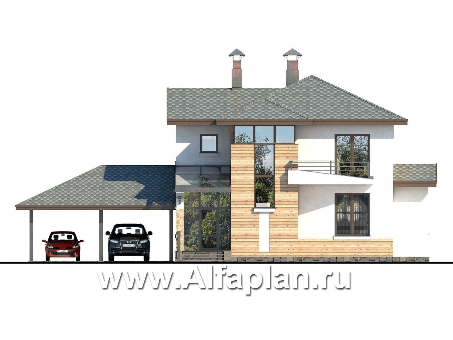 Проекты домов Альфаплан - «Тренд» - современный загородный дом с навесом для машины - изображение фасада №1