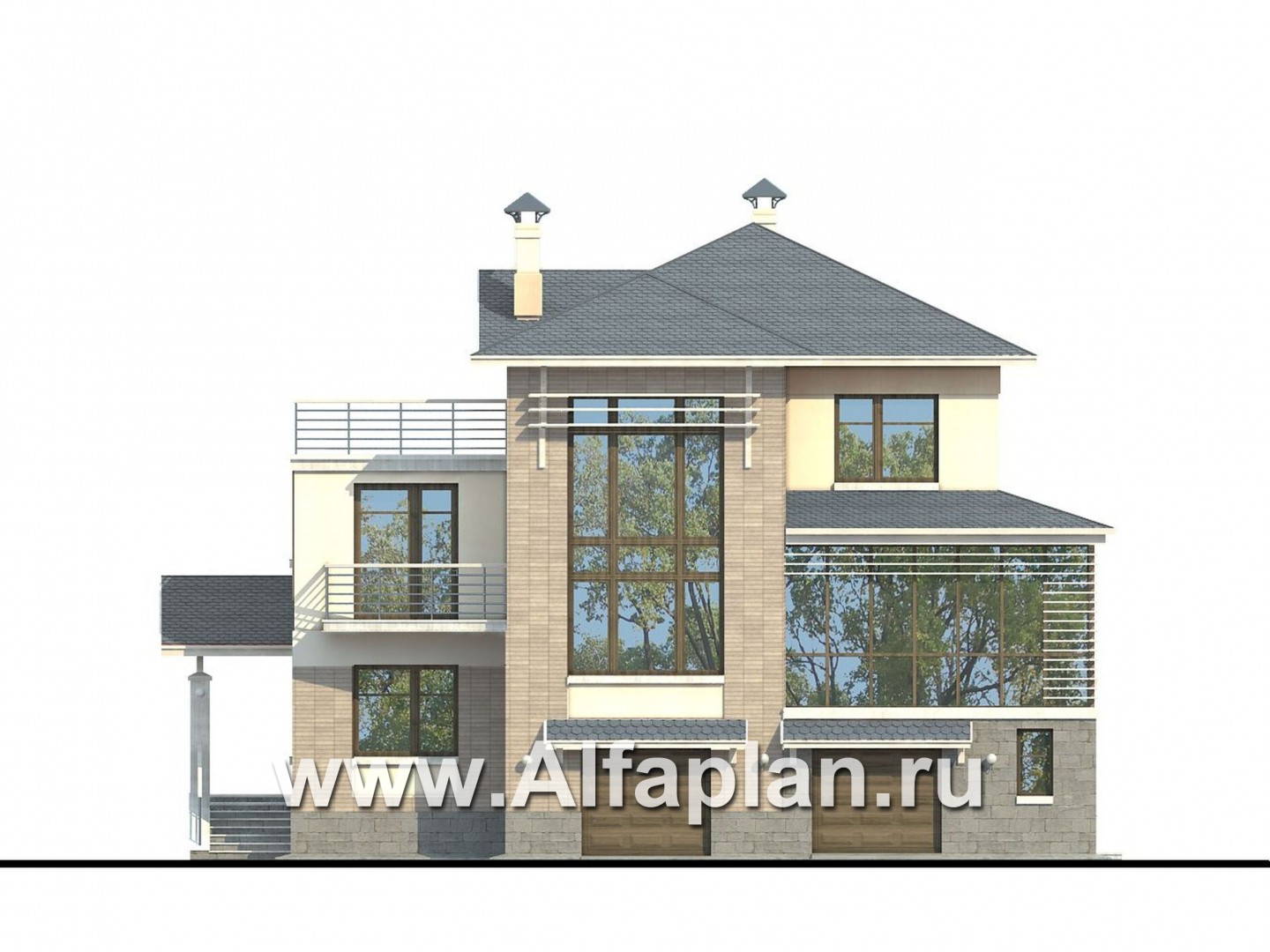 Проекты домов Альфаплан - «Три  семерки»- современный особняк с большими окнами - изображение фасада №1