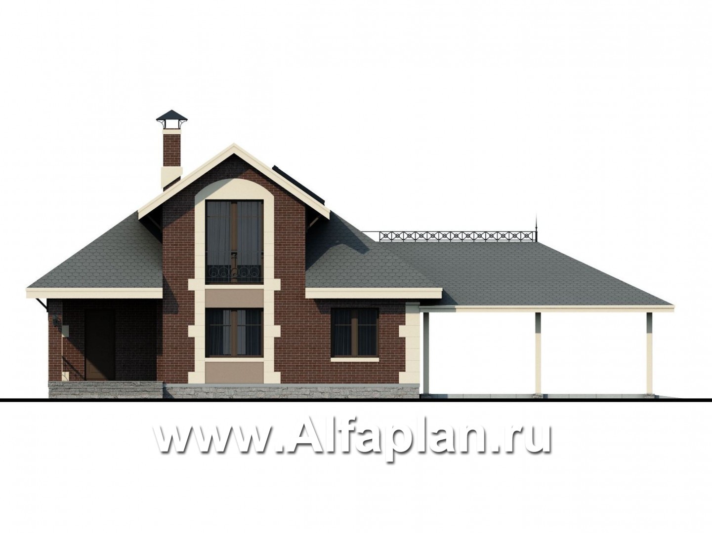 Проекты домов Альфаплан - Сауна с гостевой квартирой в мансарде и навесом на два автомобиля - изображение фасада №1