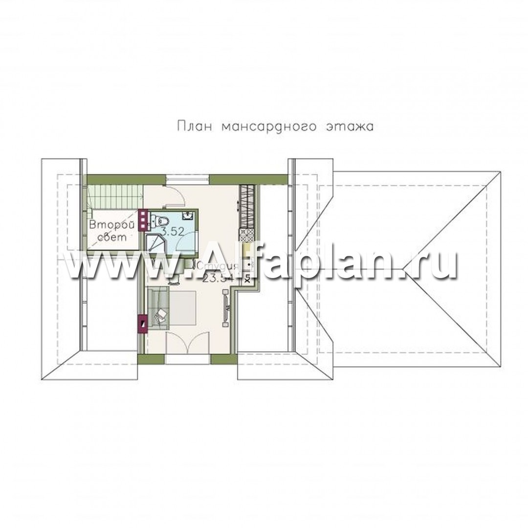 Проекты домов Альфаплан - Сауна с гостевой квартирой в мансарде и навесом на два автомобиля - изображение плана проекта №2