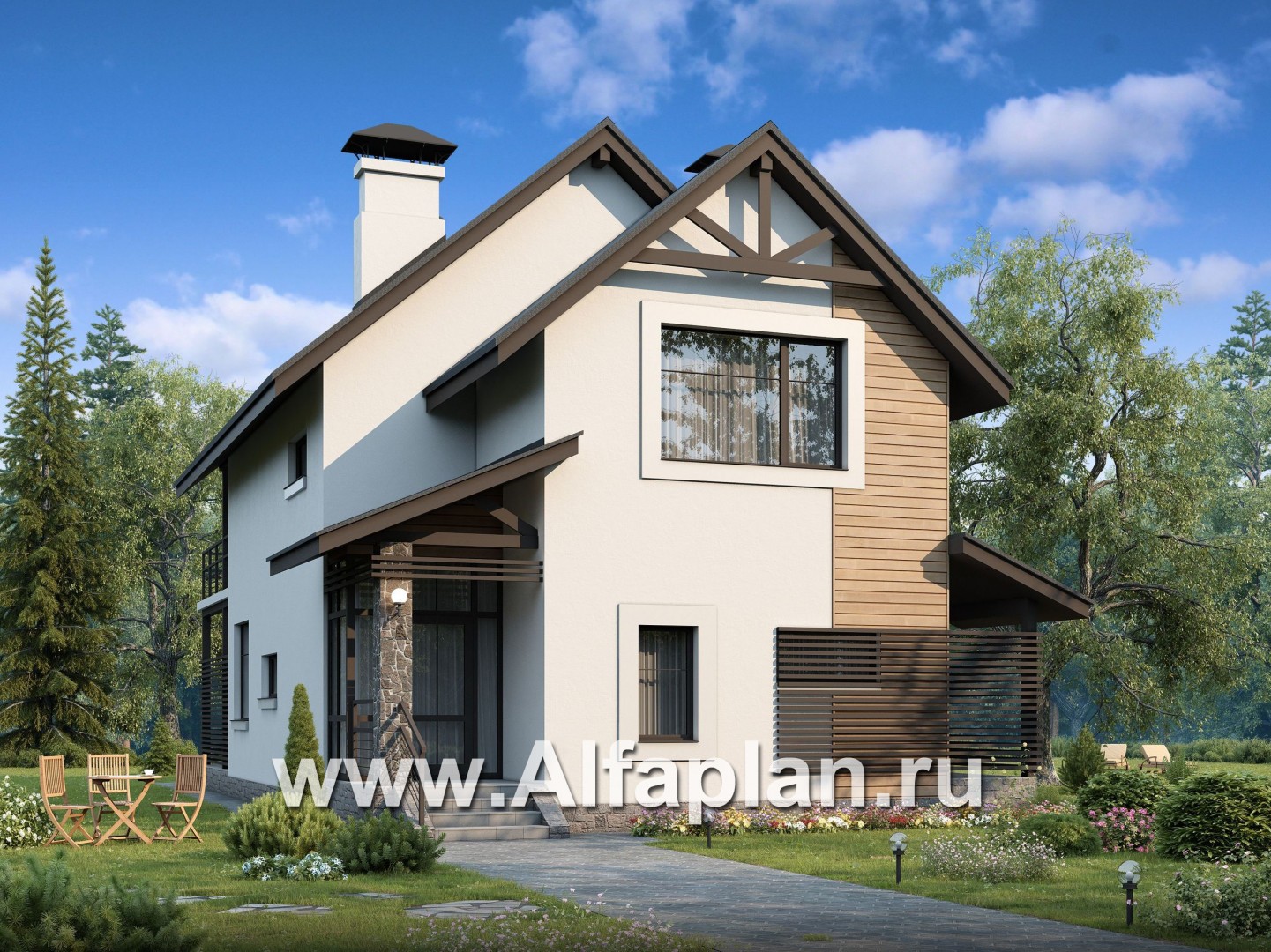 «Гольфстрим» - проект дома с мансардой в скандинавском стиле, с террасой, для узкого участка - основное изображение