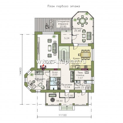 Проекты домов Альфаплан - «Львиное сердце» - загородный коттедж с просторной верандой - превью плана проекта №1