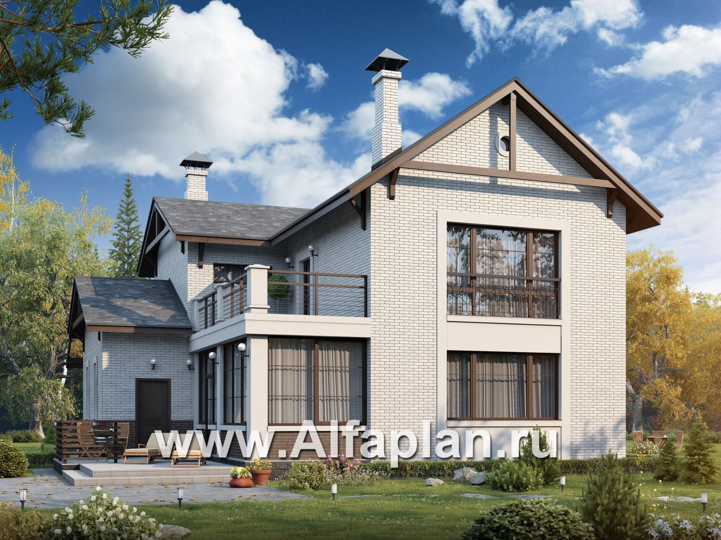 Проекты домов Альфаплан - «Флагман» - коттедж с большой верандой и солярием - дополнительное изображение №1