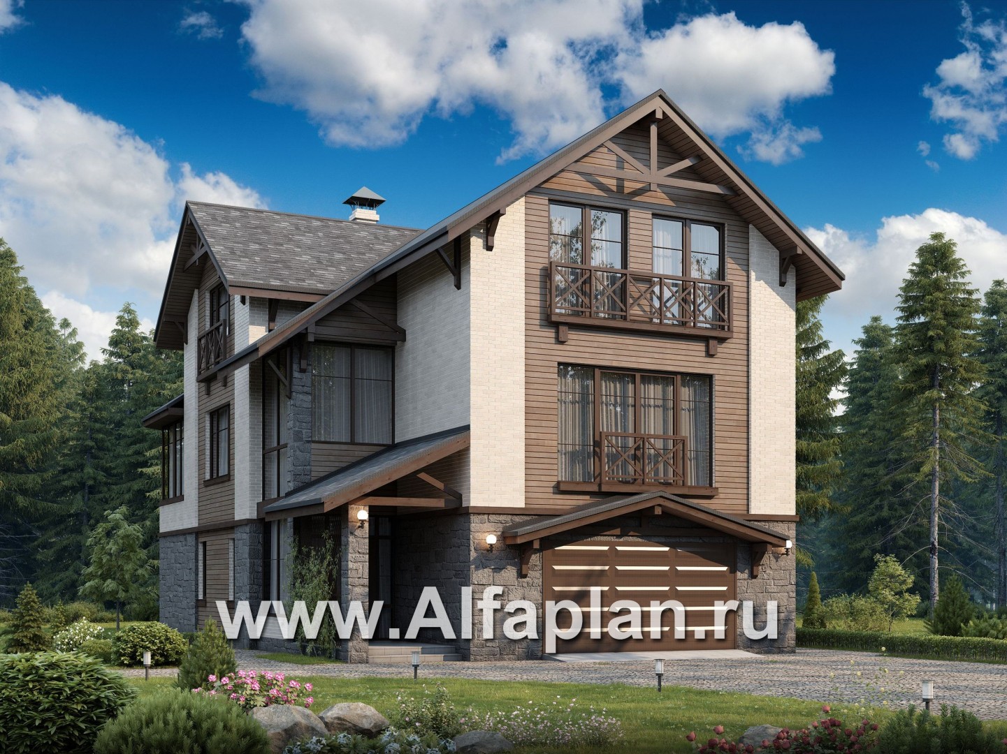 Проекты домов Альфаплан - Компактный дом с большим гаражом, верандой и зимним садом - основное изображение
