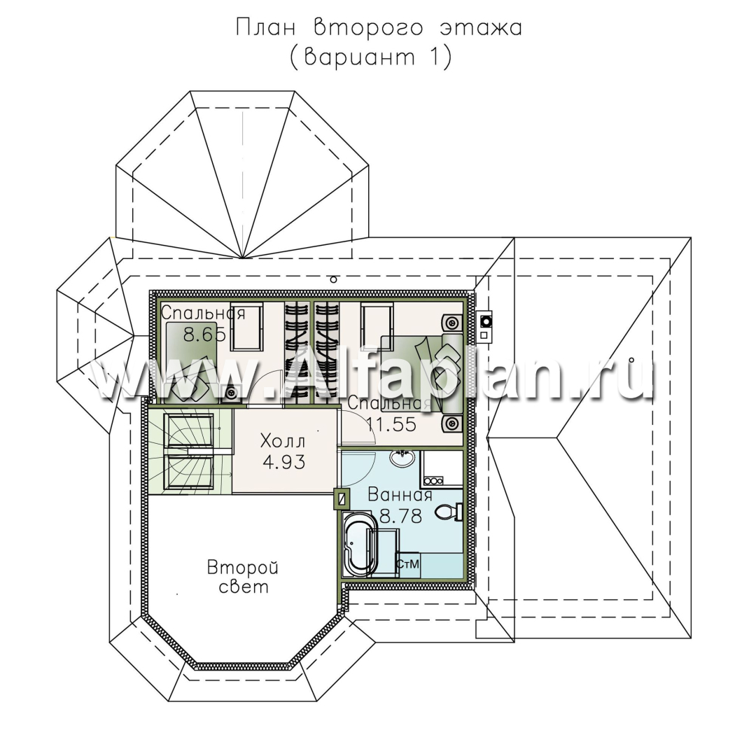 Проекты домов Альфаплан - «Душечка» - небольшой дом с мансардой и гаражом - изображение плана проекта №2