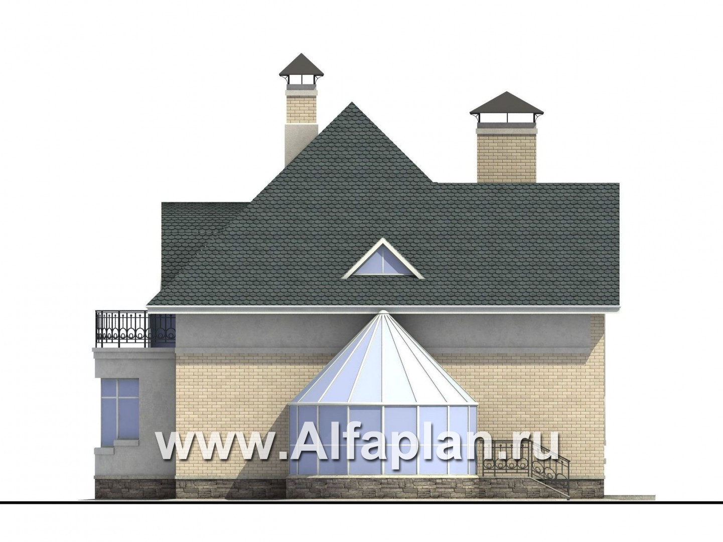 Проекты домов Альфаплан - «Новелла» - архитектурная планировка с полукруглым зимним садом - изображение фасада №2