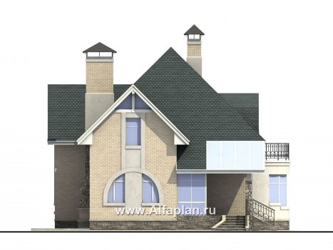 «Свой остров» - проект дома с мансардой, планировка с полукруглым эркером и зимним садом - превью фасада дома