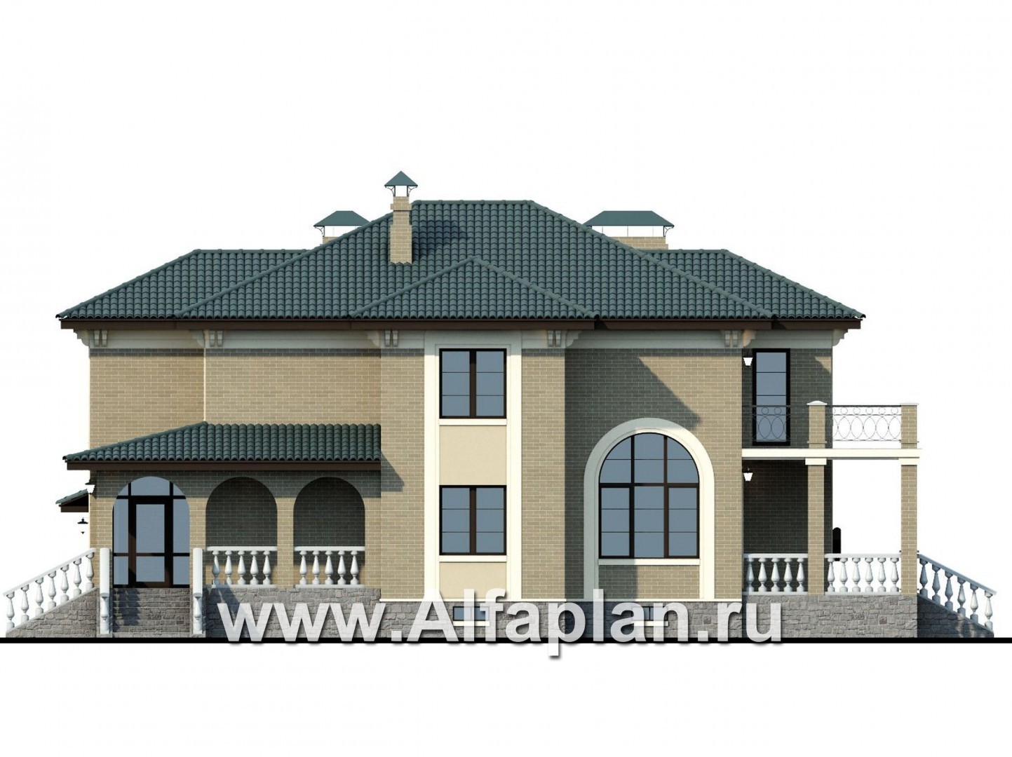 Проекты домов Альфаплан - «Беатрис плюс»- респектабельный коттедж с цокольным этажом - изображение фасада №2