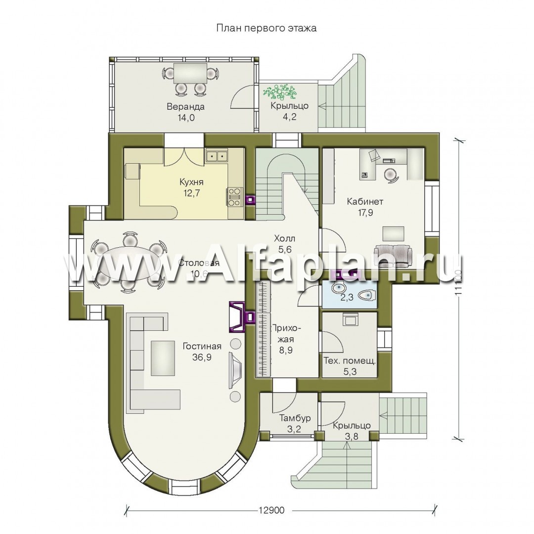 Проекты домов Альфаплан - «Авалон» - коттедж с полукруглым эркером - план проекта №1