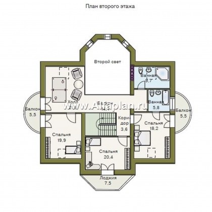 «Белта» -  проект дома из газобетона с мансардой, планировка со вторым светом в гостиной, с эркером и террасой - превью план дома