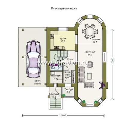 Проекты домов Альфаплан - «Аристо» - компактный дом с навесом для машины - превью плана проекта №1