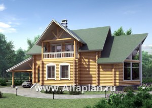 Проекты домов Альфаплан - «Новая Традиция» - деревянный дом с треугольной верандой - превью основного изображения