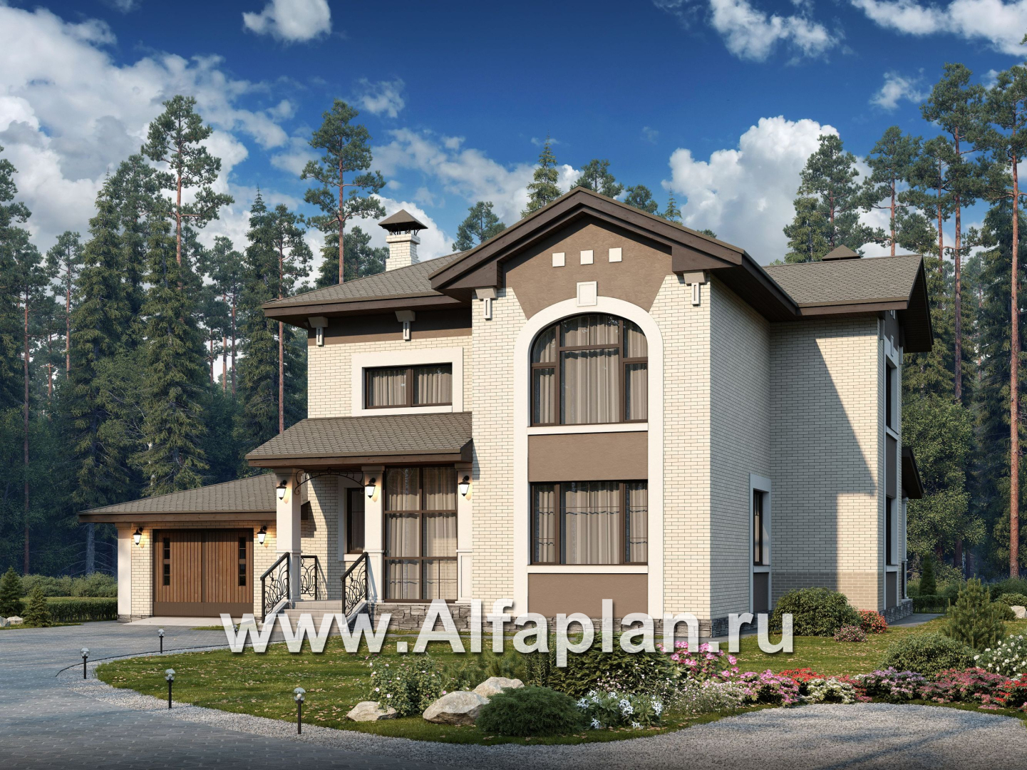Проекты домов Альфаплан - «Северная корона» - двуxэтажный коттедж с элементами стиля модерн - основное изображение