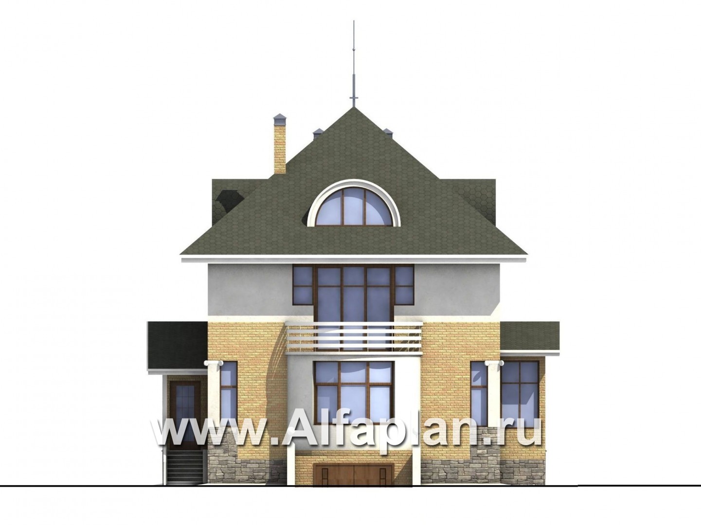 Проекты домов Альфаплан - «Дом светлячка» - трехэтажный дом из блоков с мансардой - изображение фасада №1